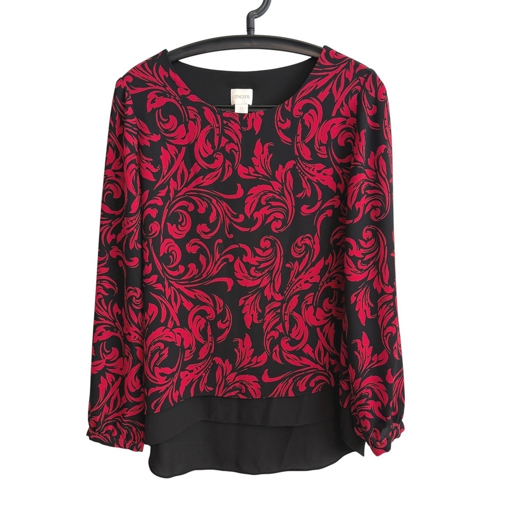 Chicos Red Black Damask Scroll Top S High Low Layered Hem Career Office Workwear